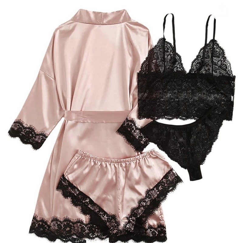 Lace-peʻe i ka satin pajamas 4-‘āpana hoʻonohonoho